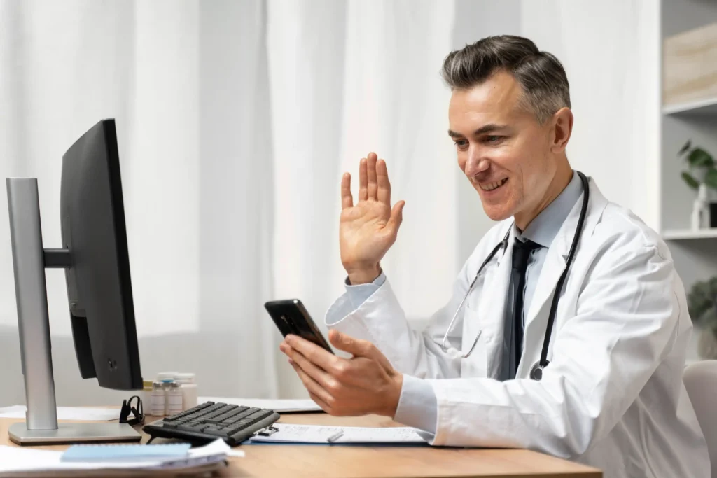 Doctor waving during telemedicine video call